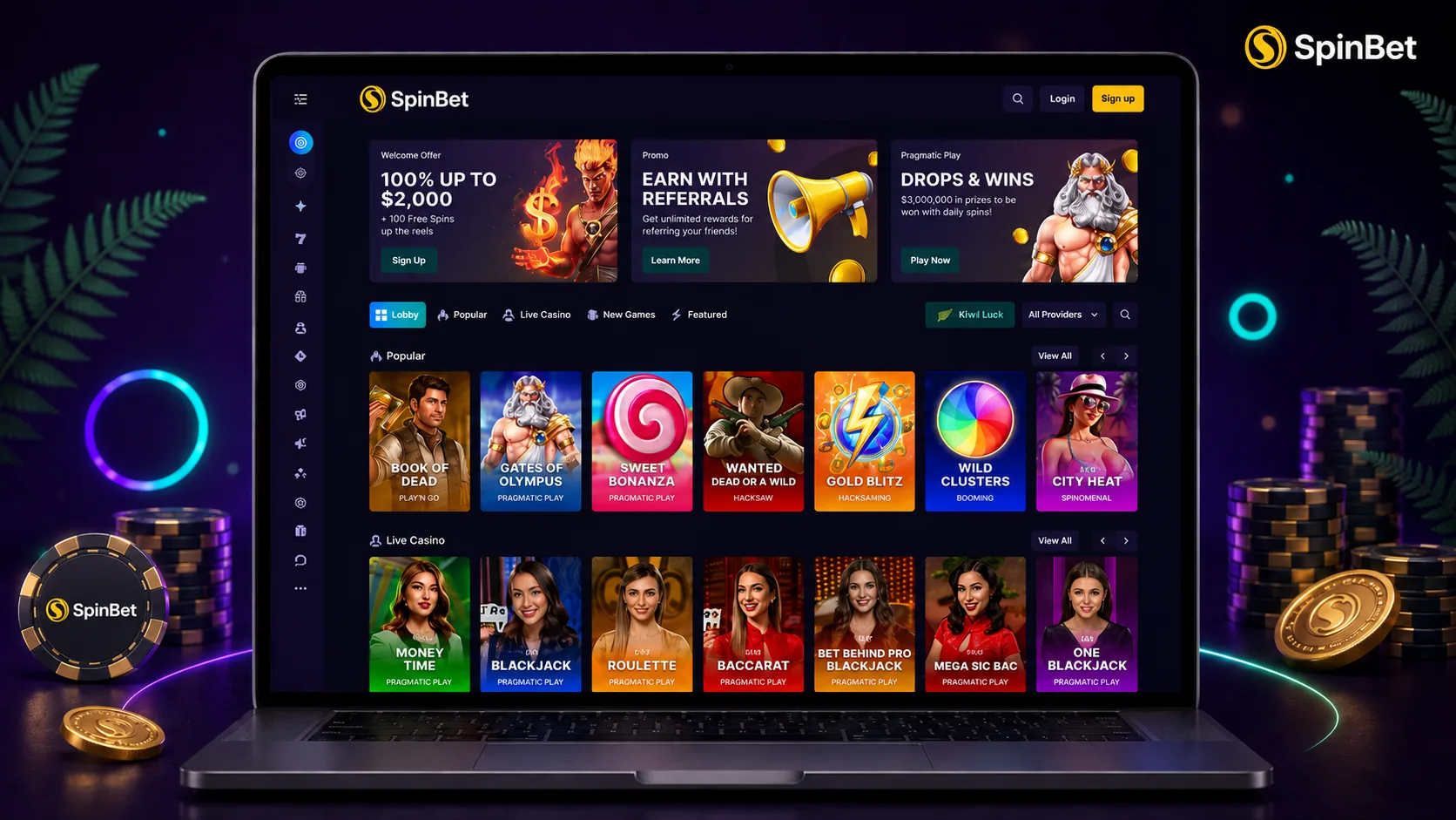 SpinBet desktop casino games lobby