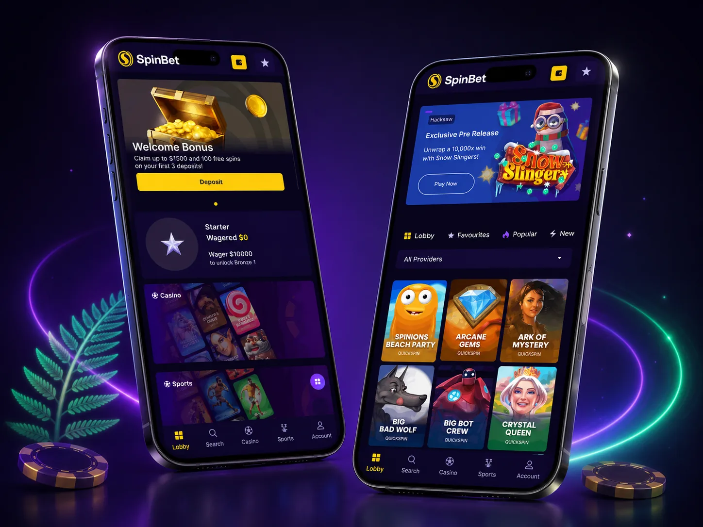 SpinBet mobile casino and sportsbook screens