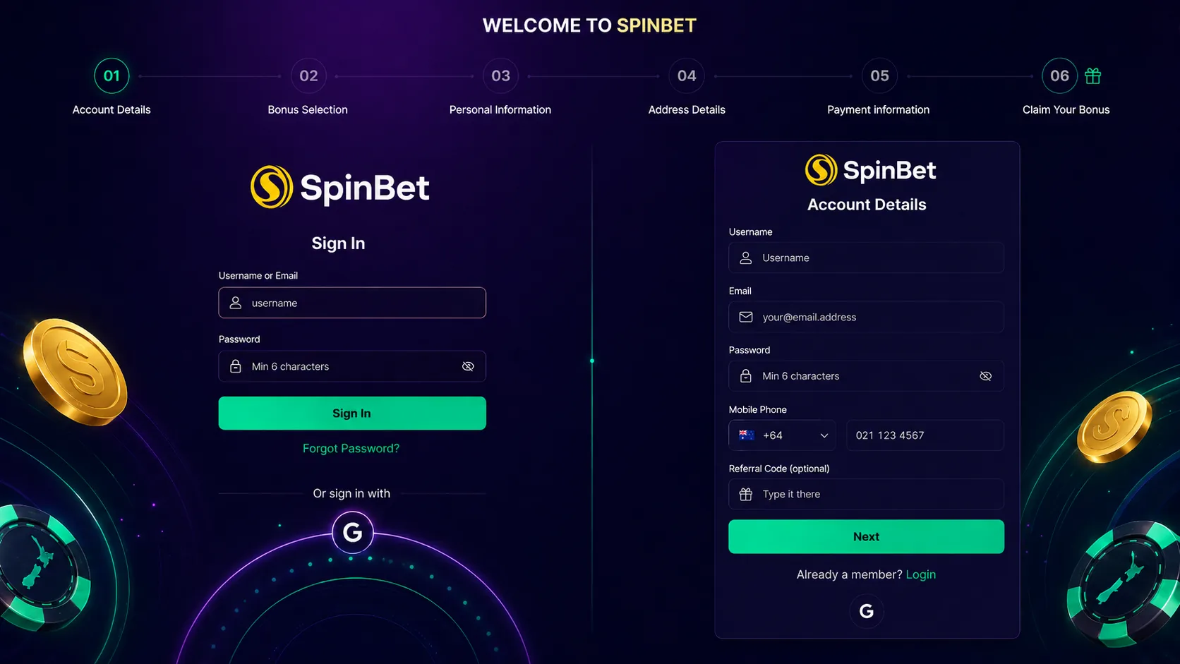 SpinBet registration account details flow
