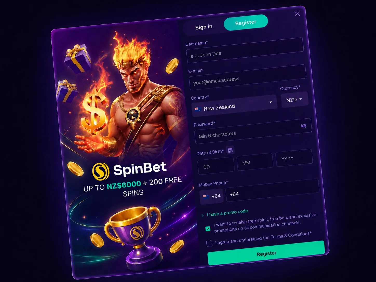 SpinBet signup bonus registration form